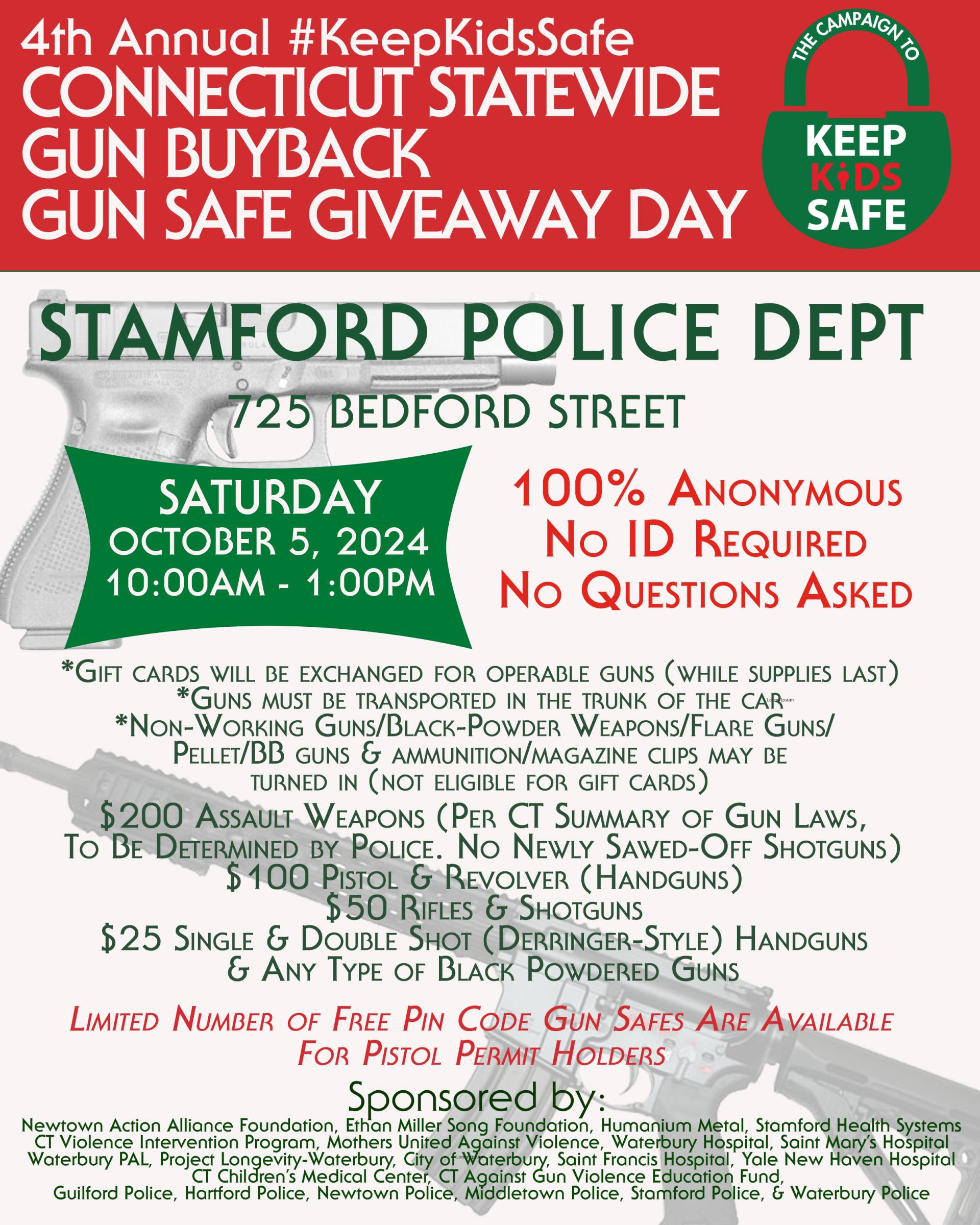 A flyer for the 2024 STAMFORD - CT gun buyback  gun safe giveaway day on October 5th