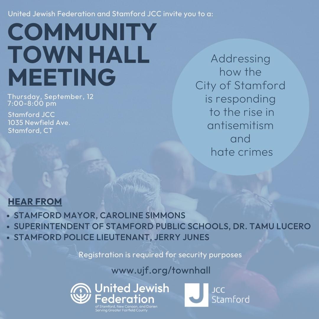 A Community Town Hall Meeting Flyer at the Stamford JCC on September 12